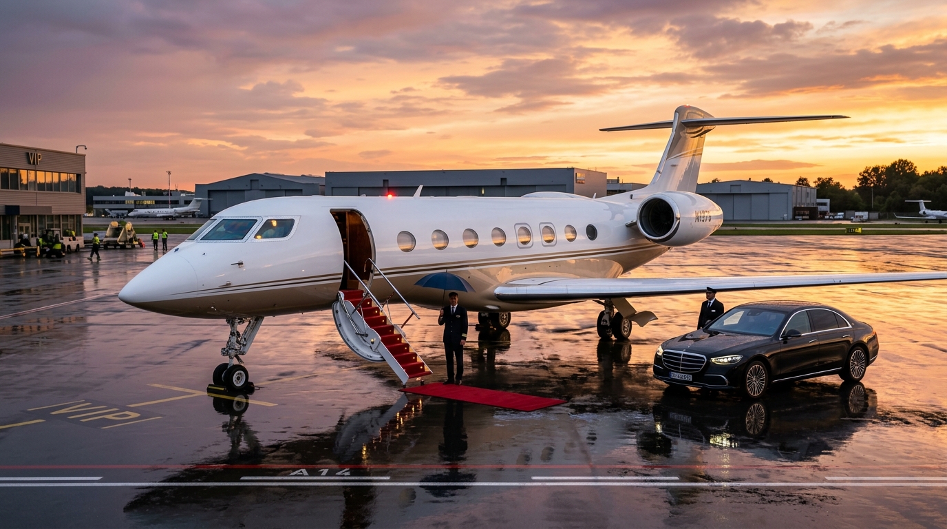 Executive Aircraft on Private FBO Tarmac at Twilight with Red Carpet